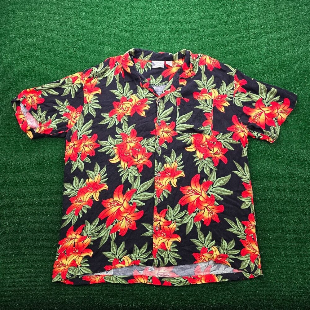 Island Shores Hawaiian Shirt Mens 2XL Black‎ Red Floral Button Up Tropical Camp